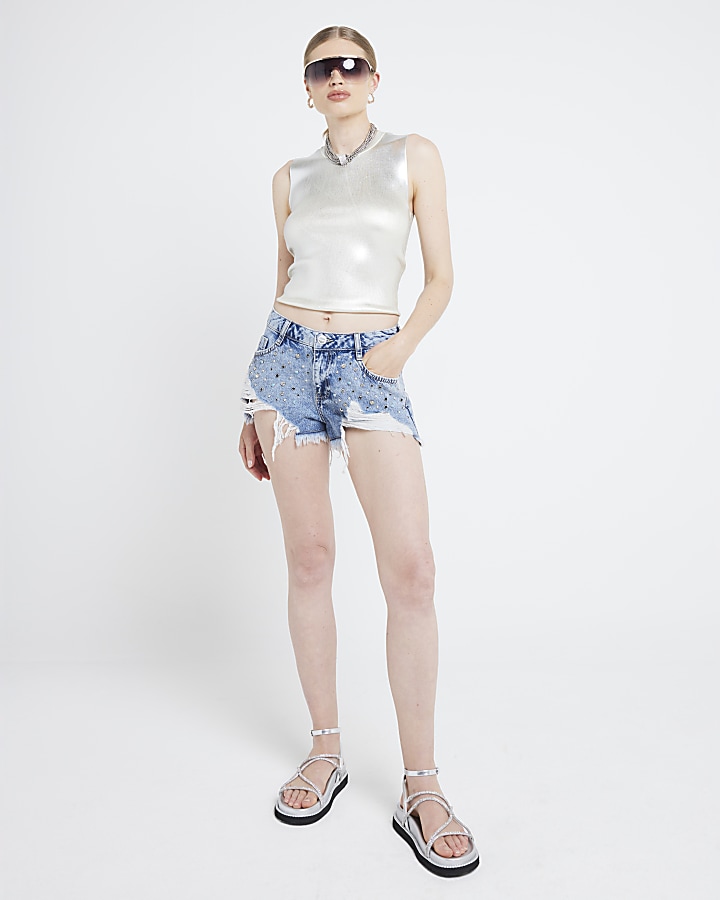 Blue distressed denim shorts store