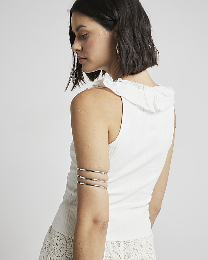 Cream ruffle detail ribbed tank top | River Island