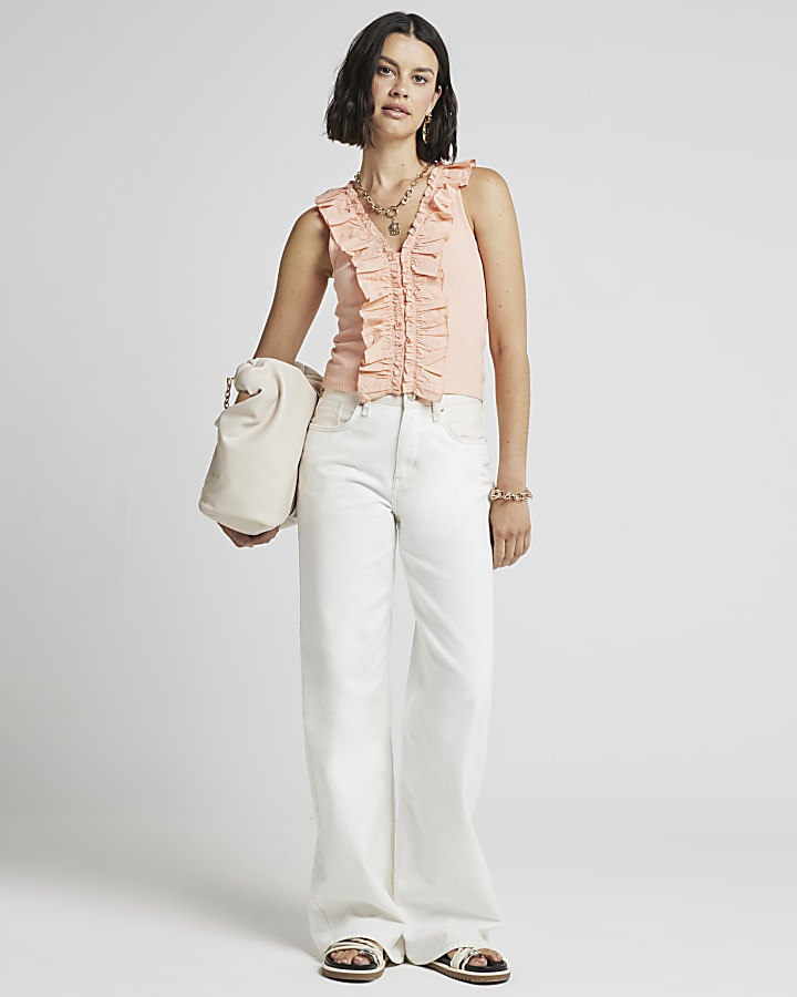 Pink ruffle detail ribbed tank top | River Island
