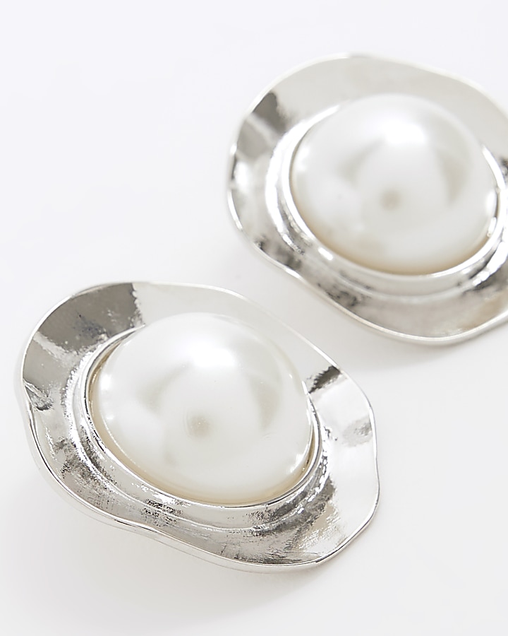 Silver colour pearl stud earrings