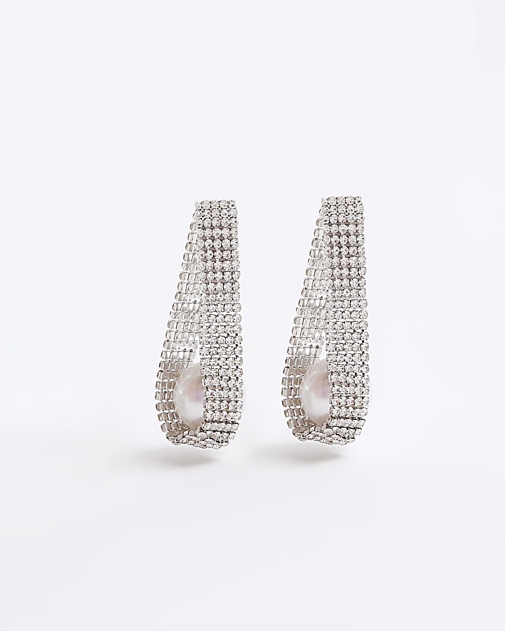 Silver colour stone hoop earrings