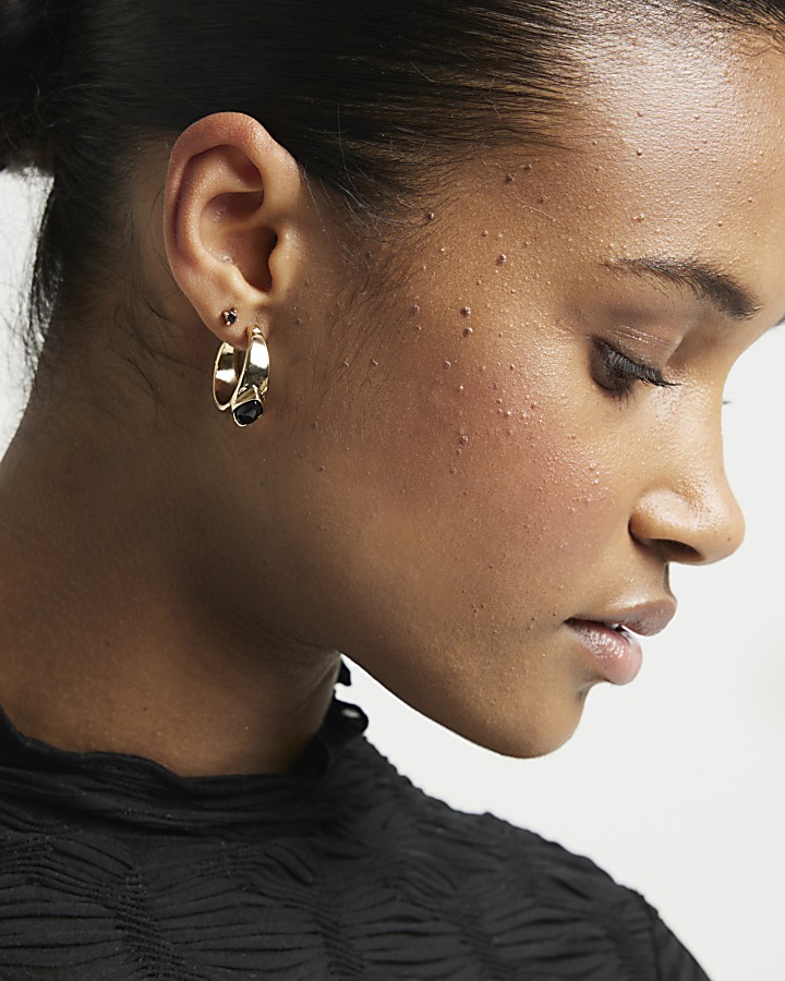 Gold stone detail hoop earrings multipack