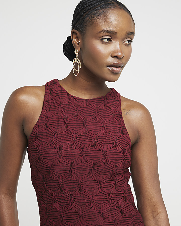 Women Red Rib Fish Frill Bodycon Midi Dress