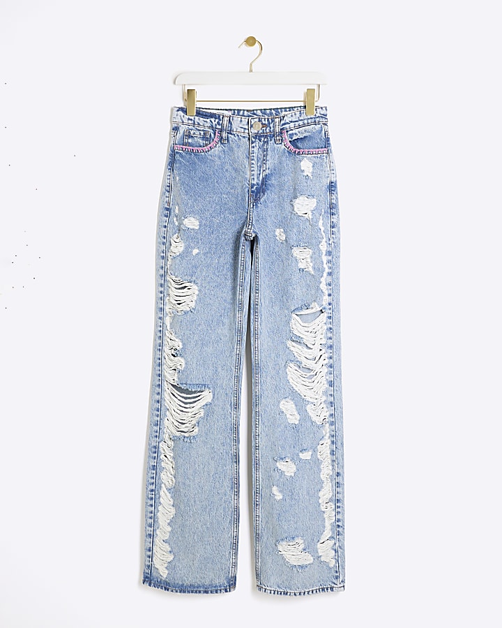 Blue stitch ripped relaxed straight fit jeans