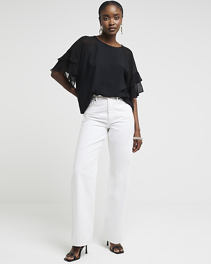 Black chiffon frill sleeve blouse | River Island