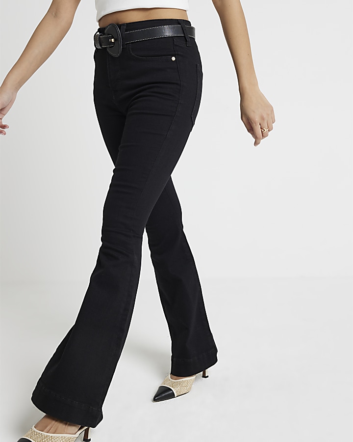 Petite black high waisted flared jeans