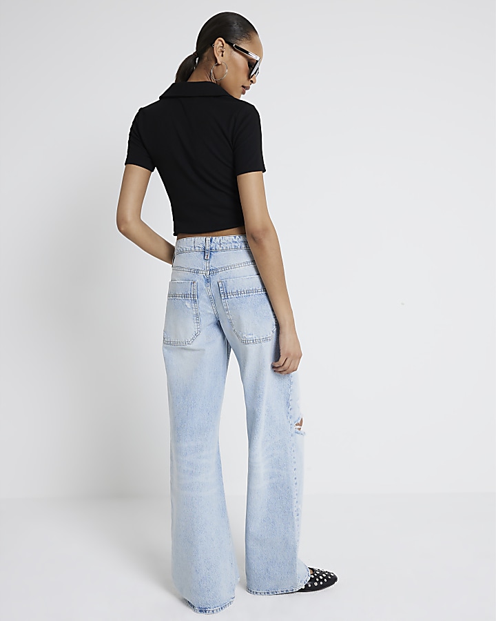 Blue low waist baggy wide ripped jeans