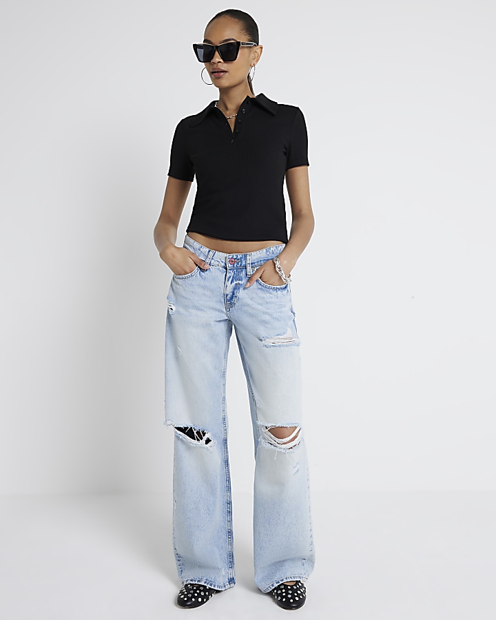 Blue low waist baggy wide ripped jeans