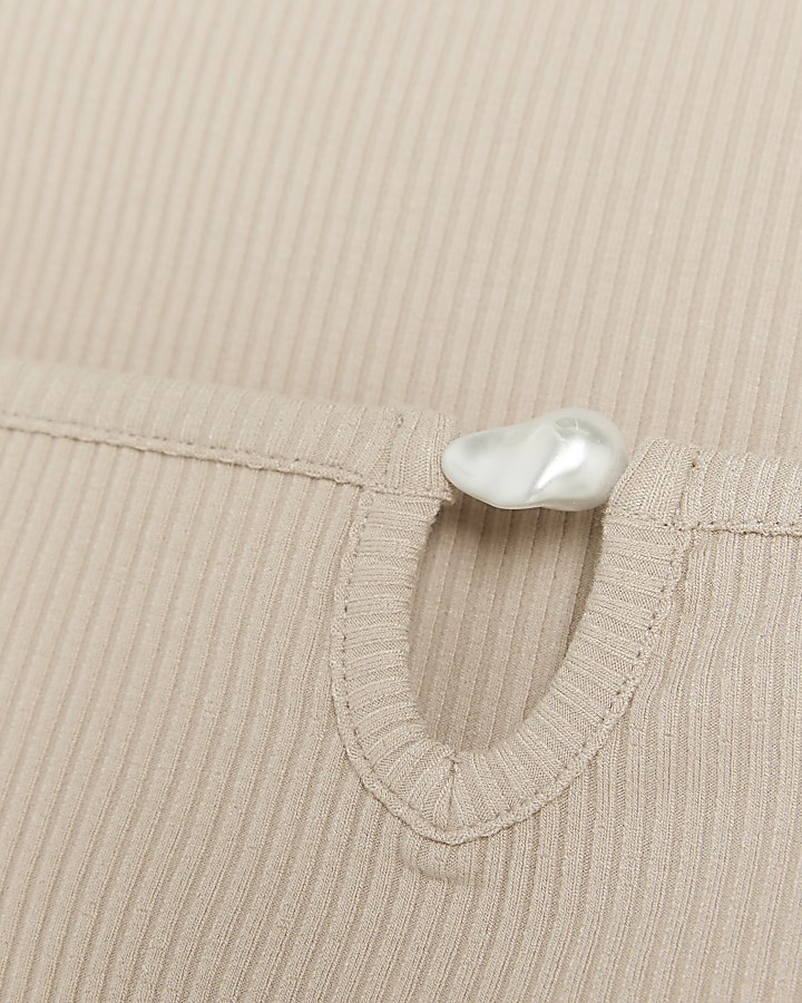 Beige ribbed pearl detail bodysuit