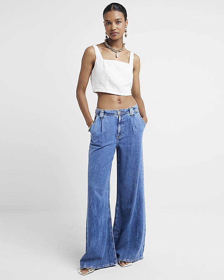 Blue mid rise tailored wide fit jeans | River Island