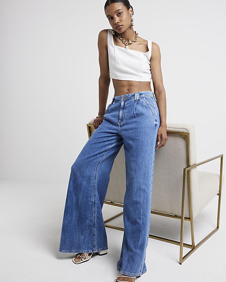 Blue mid rise tailored wide fit jeans | River Island