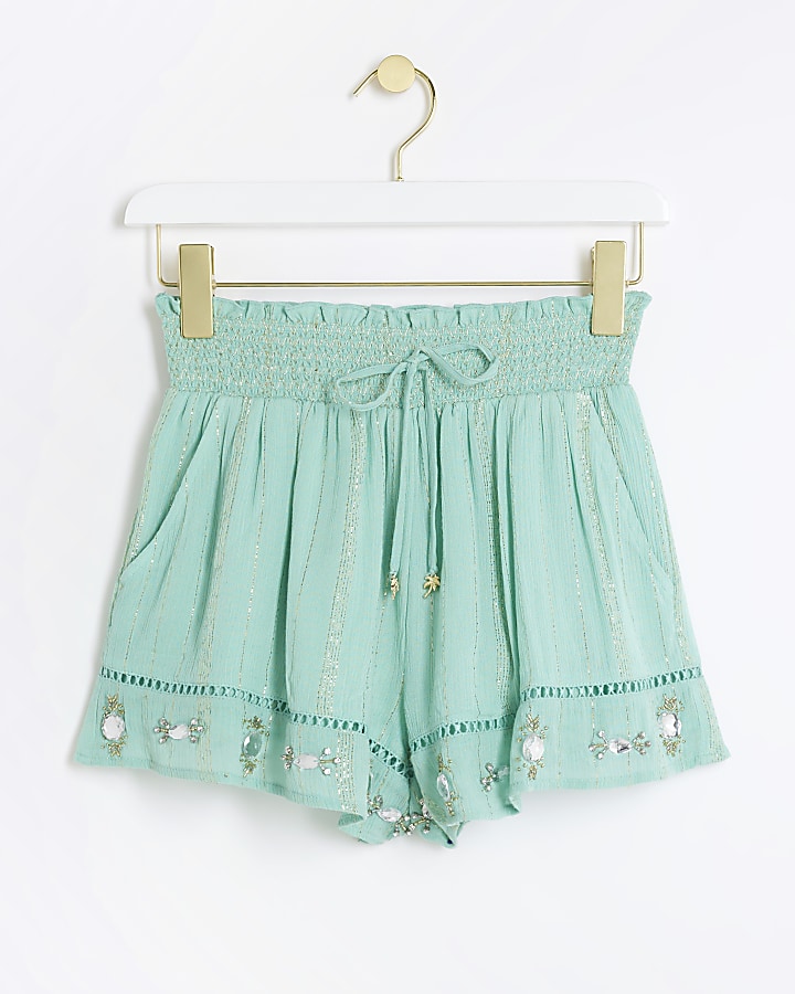 Green metallic stripe beach shorts