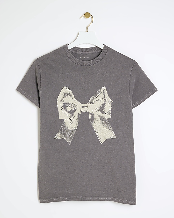 Grey bow embellished t-shirt