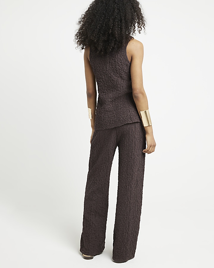Brown Textured Wide Leg Trousers