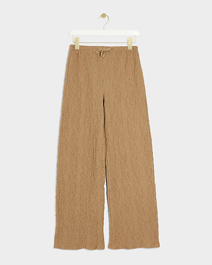Brown Textured Wide Leg Trousers