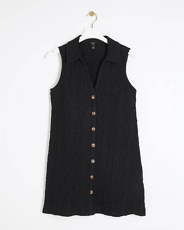 Black textured mini shirt dress