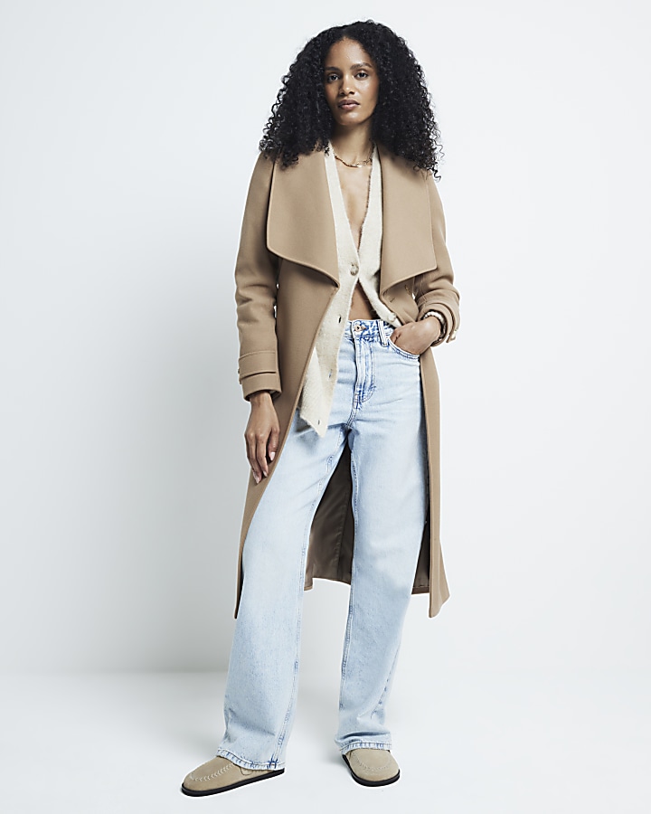 Brown belted wrap coat | River Island