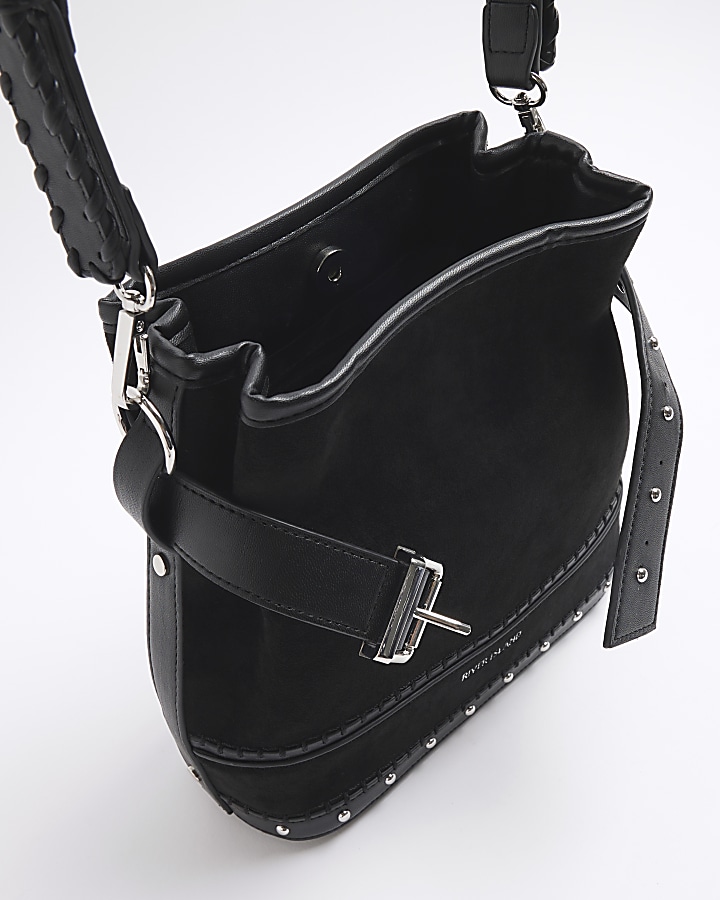 Black suedette buckle bucket shoulder bag