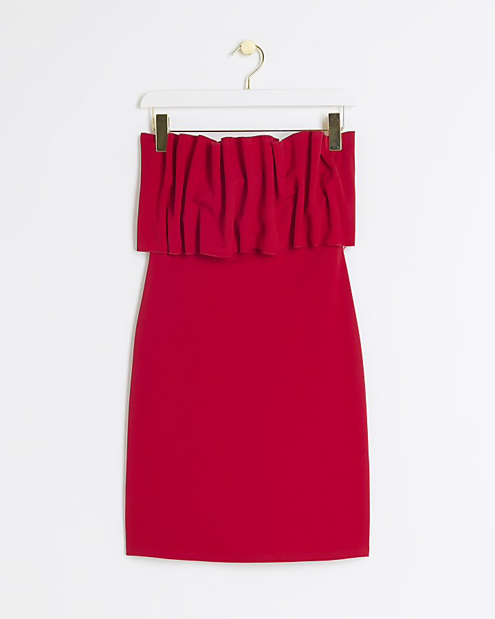Red frill bandeau bodycon mini dress
