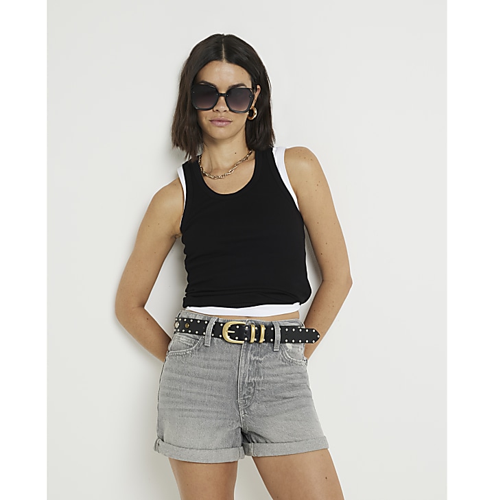 Black ribbed scoop neck vest top multipack River Island