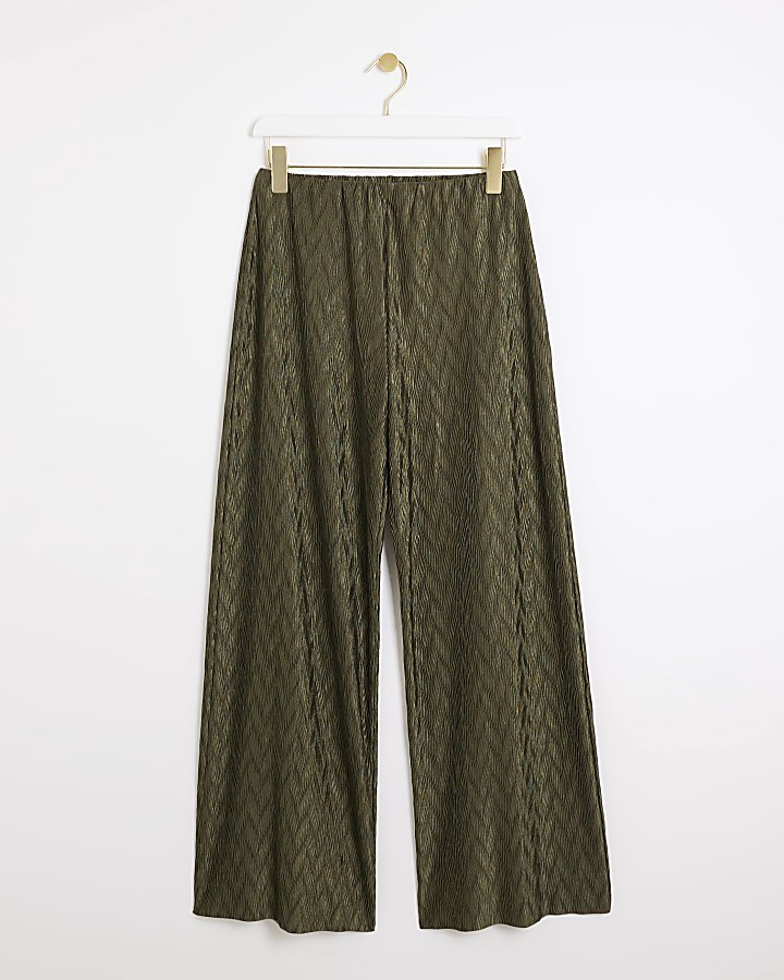 Green plisse wide leg trousers
