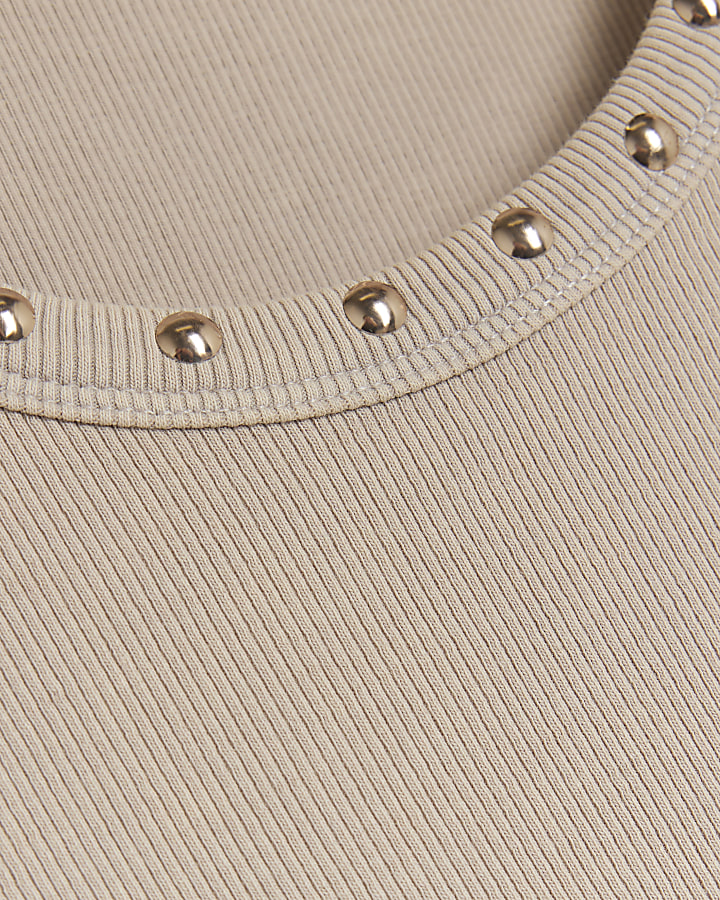 Beige studded detail ribbed vest top
