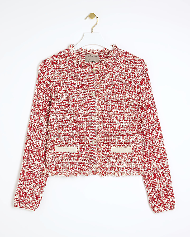 Red boucle trophy cardigan