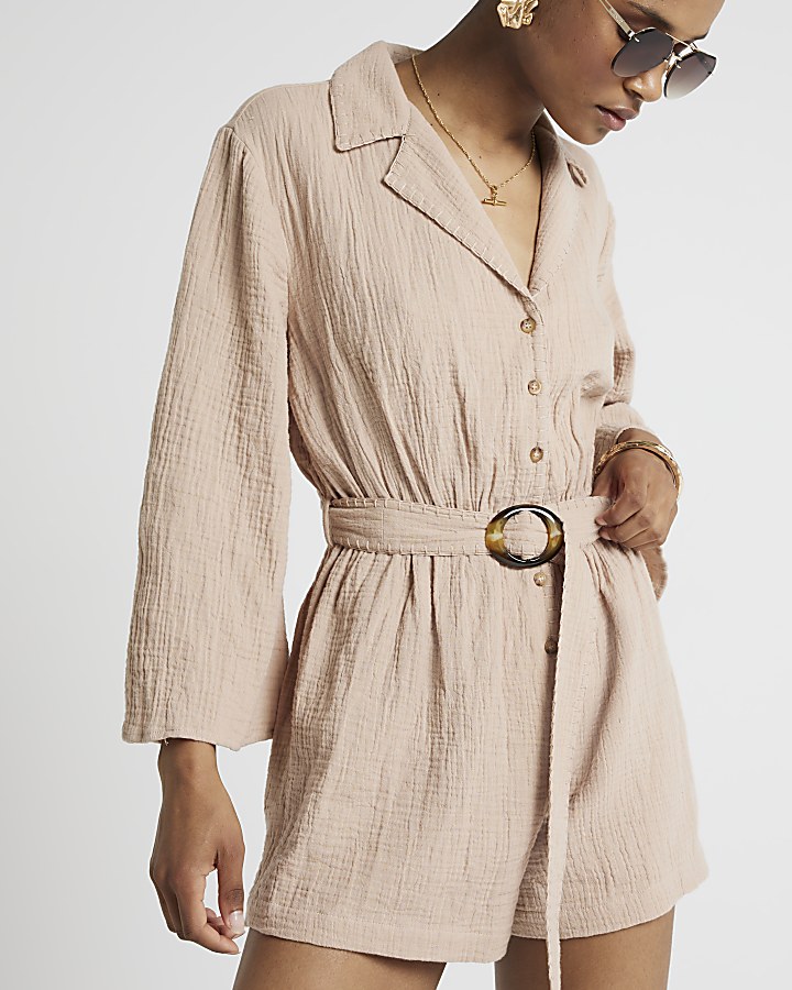 Brown textured belted playsuit