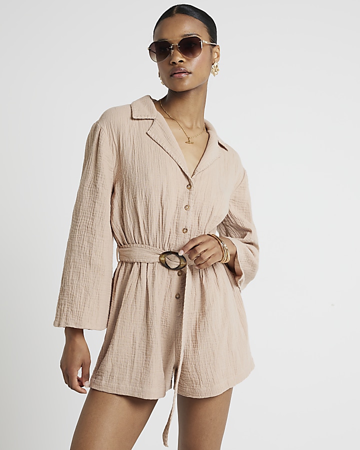 Brown textured belted playsuit