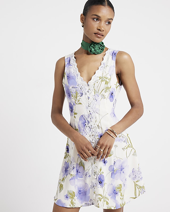 Purple Floral Mini Dress | River Island