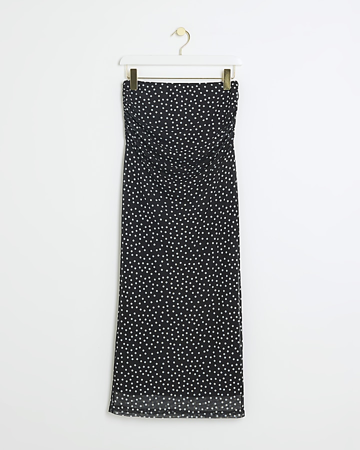 Black ruched mesh midi skirt