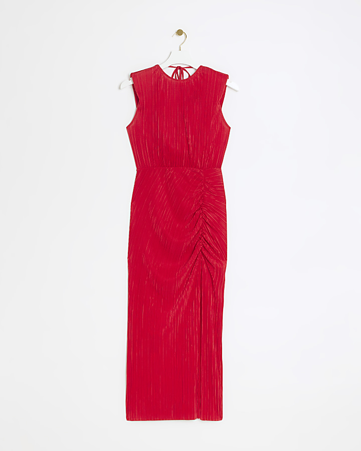 Red plisse ruched side bodycon midi dress