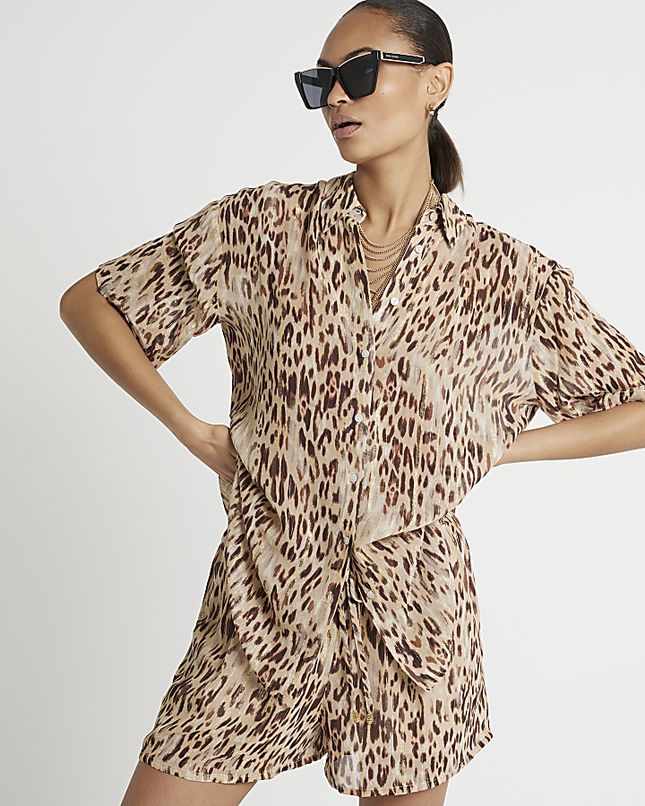 Beige leopard print metallic shirt