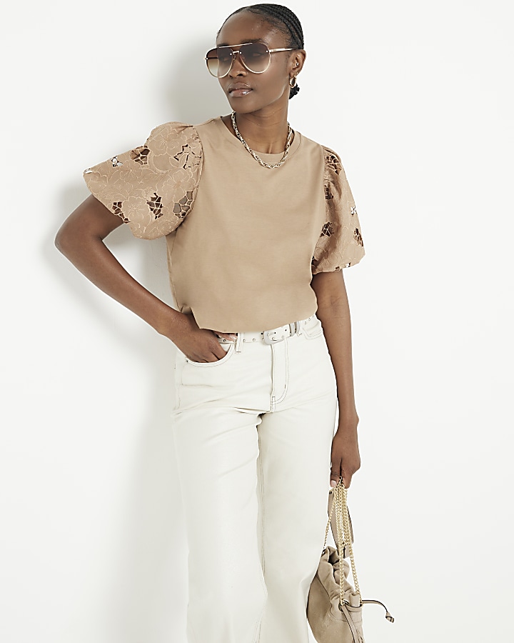 Beige floral puff sleeve top