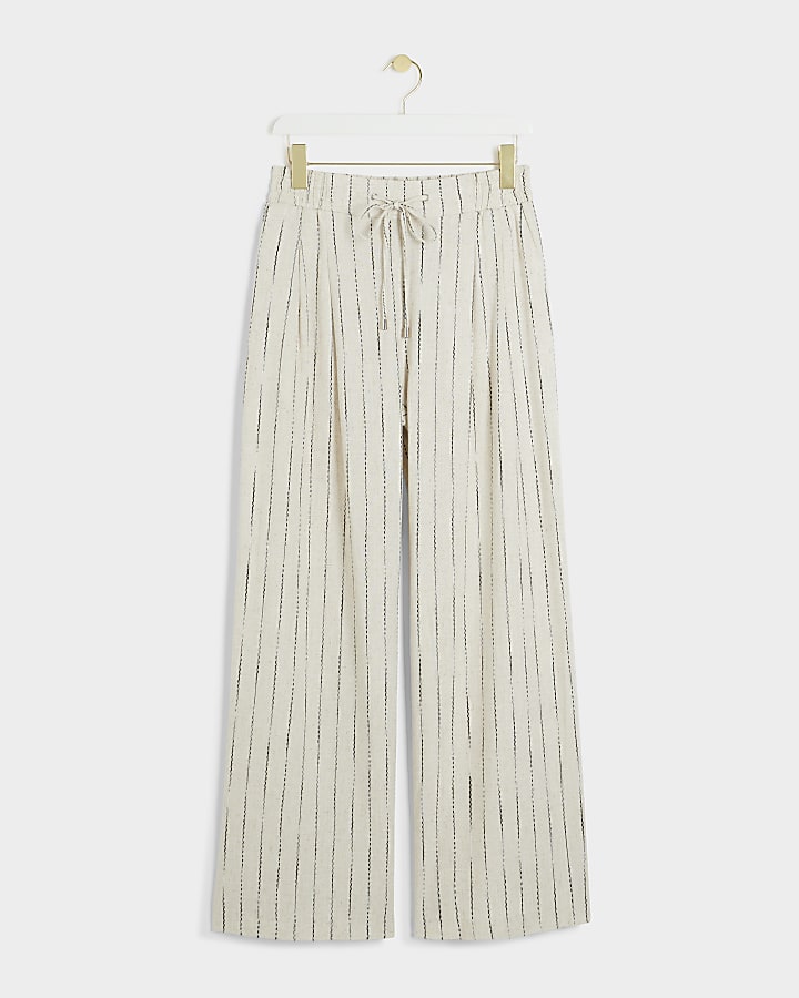 Beige linen blend stripe wide leg trousers