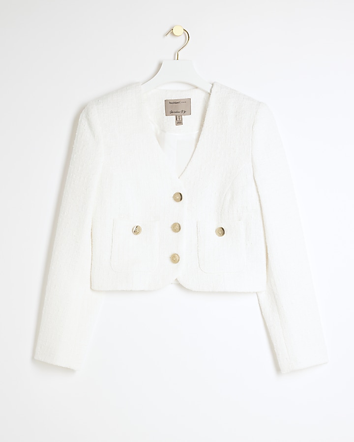 White boucle crop trophy suit jacket