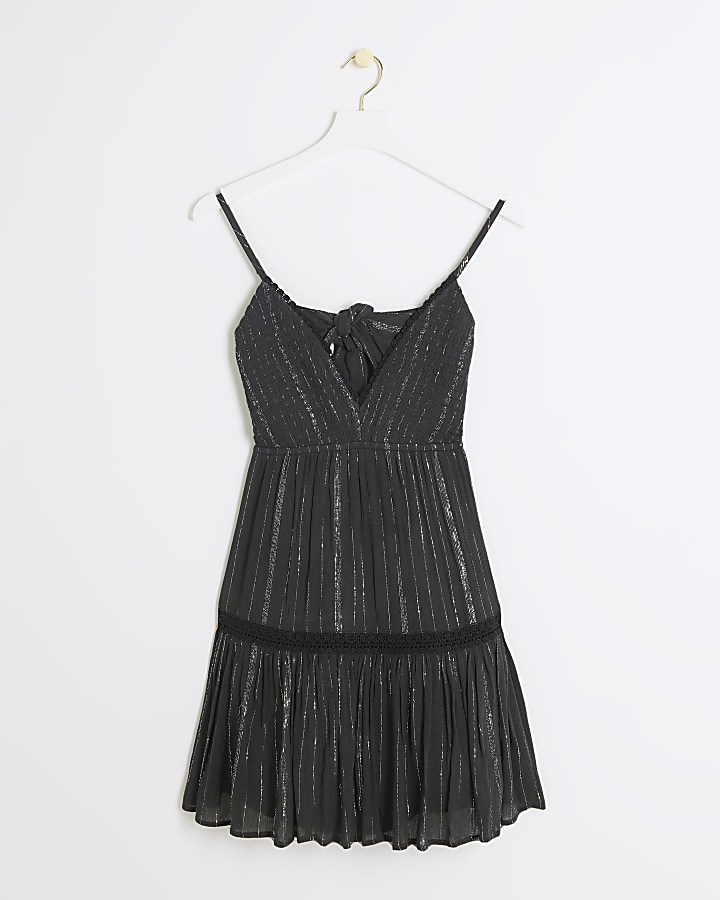 Black shirred metallic beach mini dress