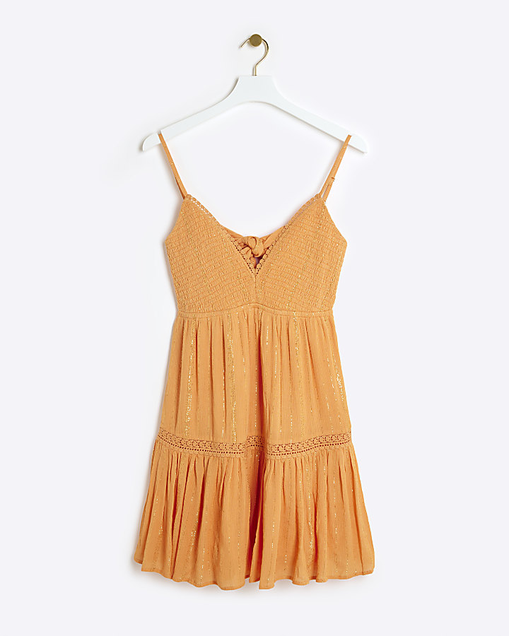 Orange shirred tiered beach mini dress