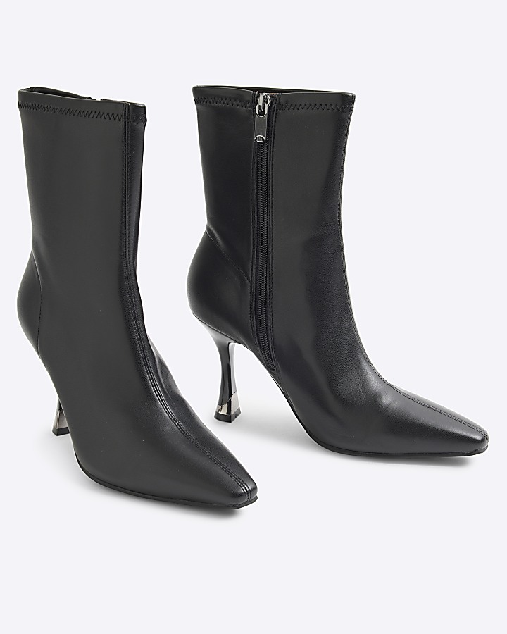 Black Faux Leather Heeled Sock Boots | River Island