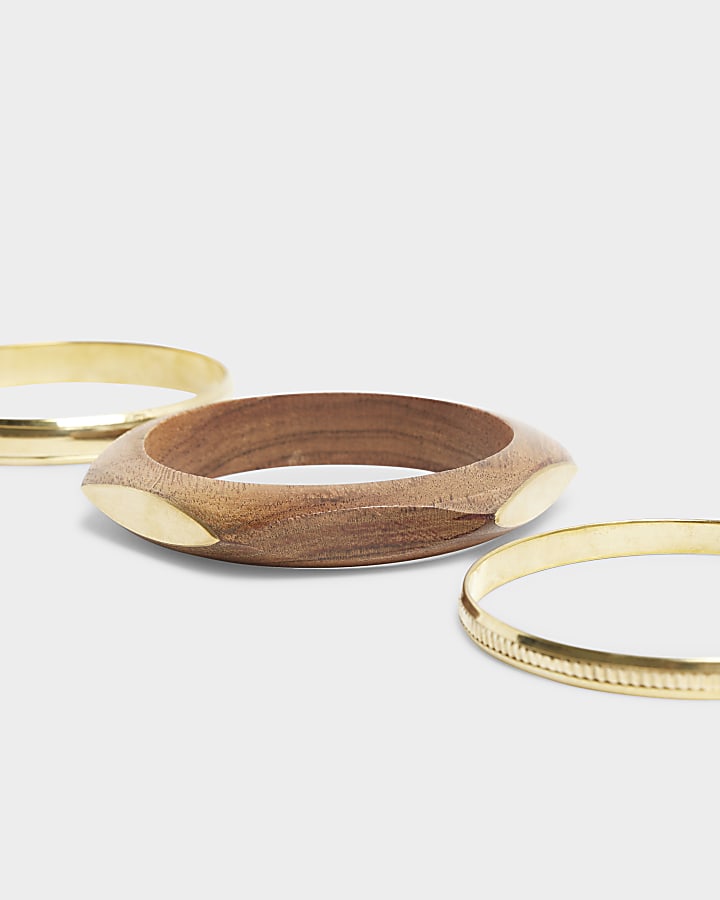 Brown wood and gold bangle bracelet multipack