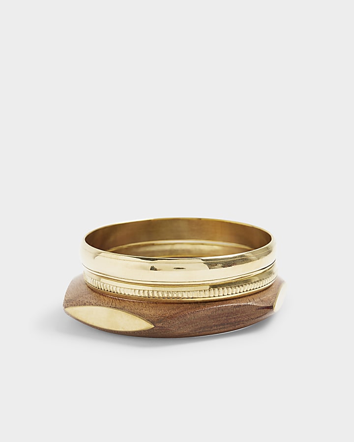 Brown wood and gold bangle bracelet multipack