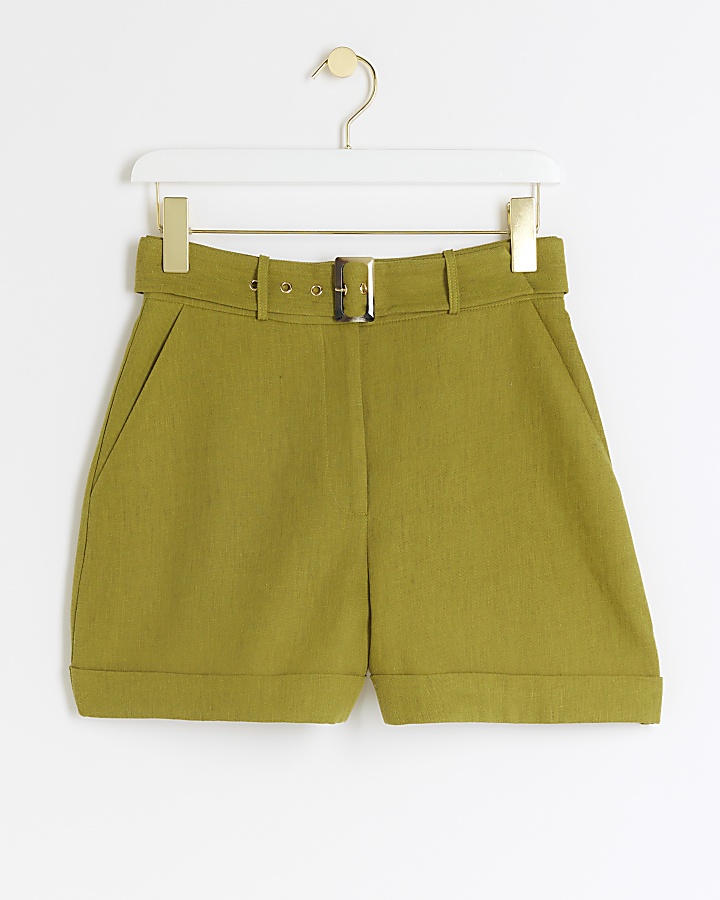 Green linen blend belted shorts
