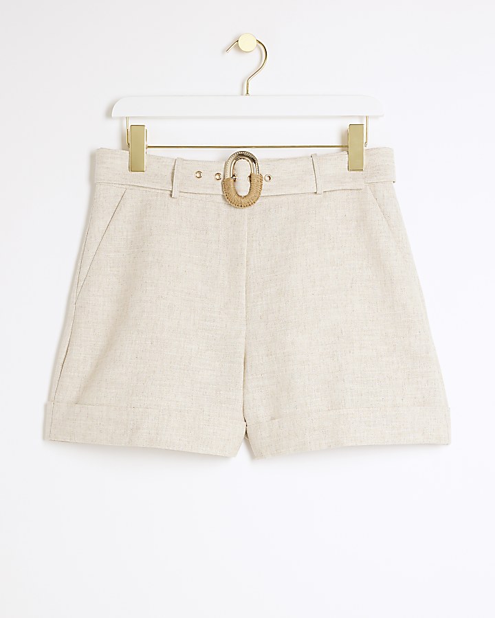 Beige linen blend belted shorts