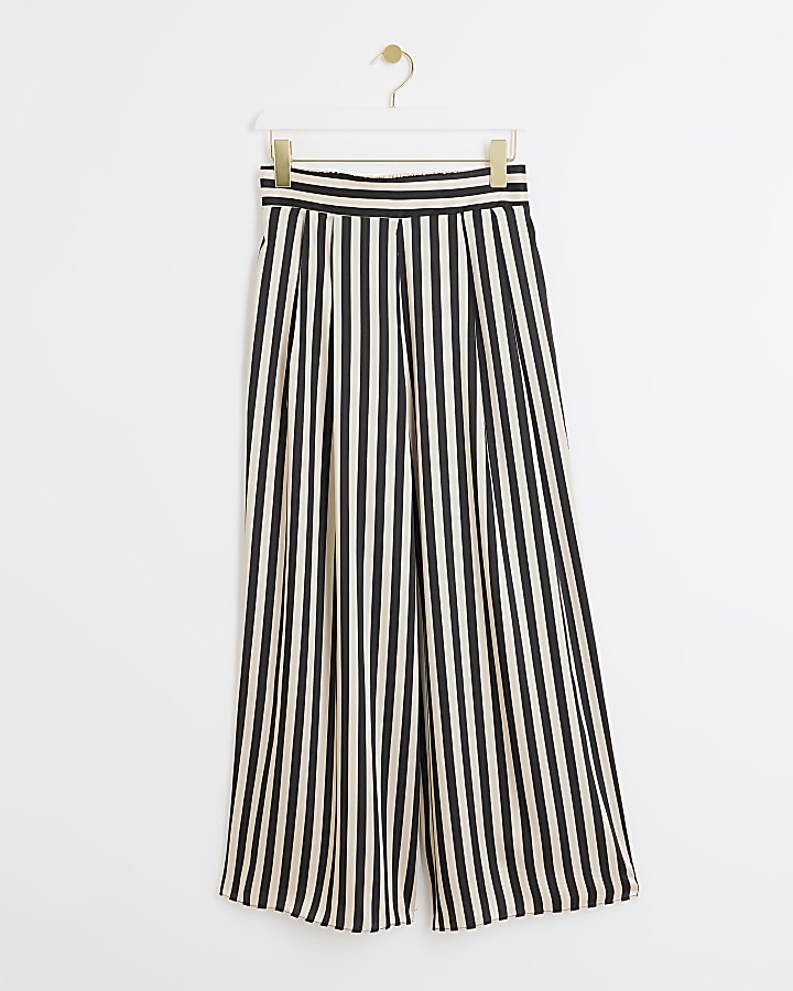 Petite beige satin stripe wide leg trousers