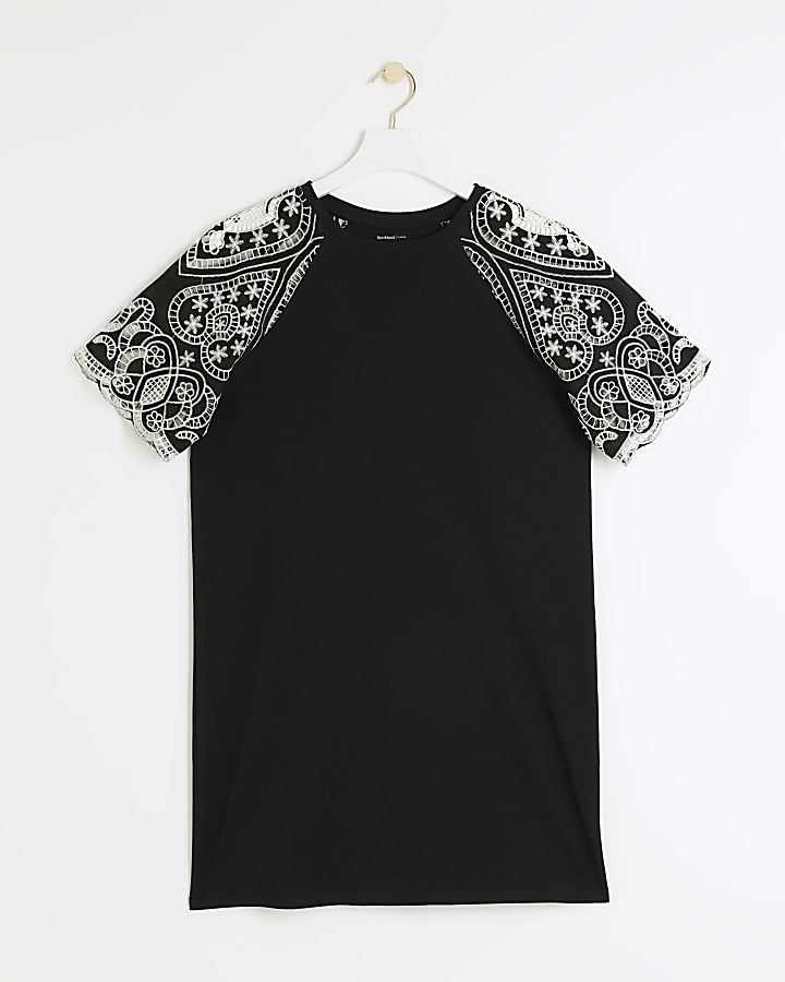 Black broderie sleeve mini t-shirt dress