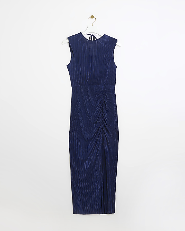 Navy plisse ruched side bodycon mid dress