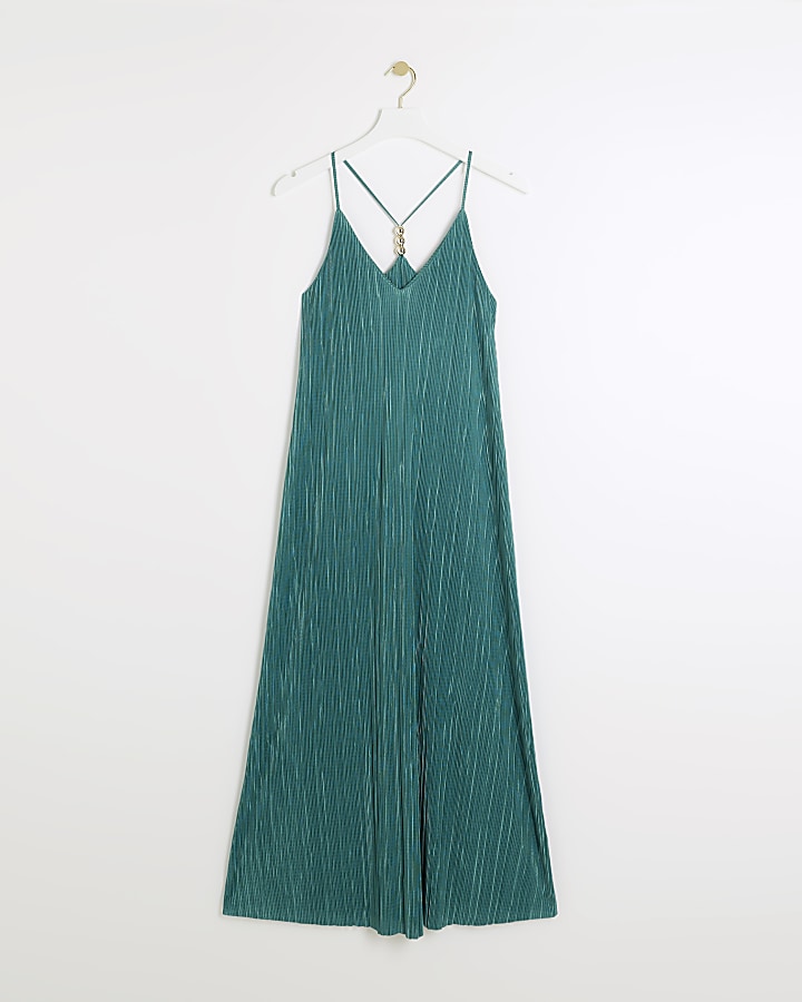 Green plisse metallic shift maxi dress