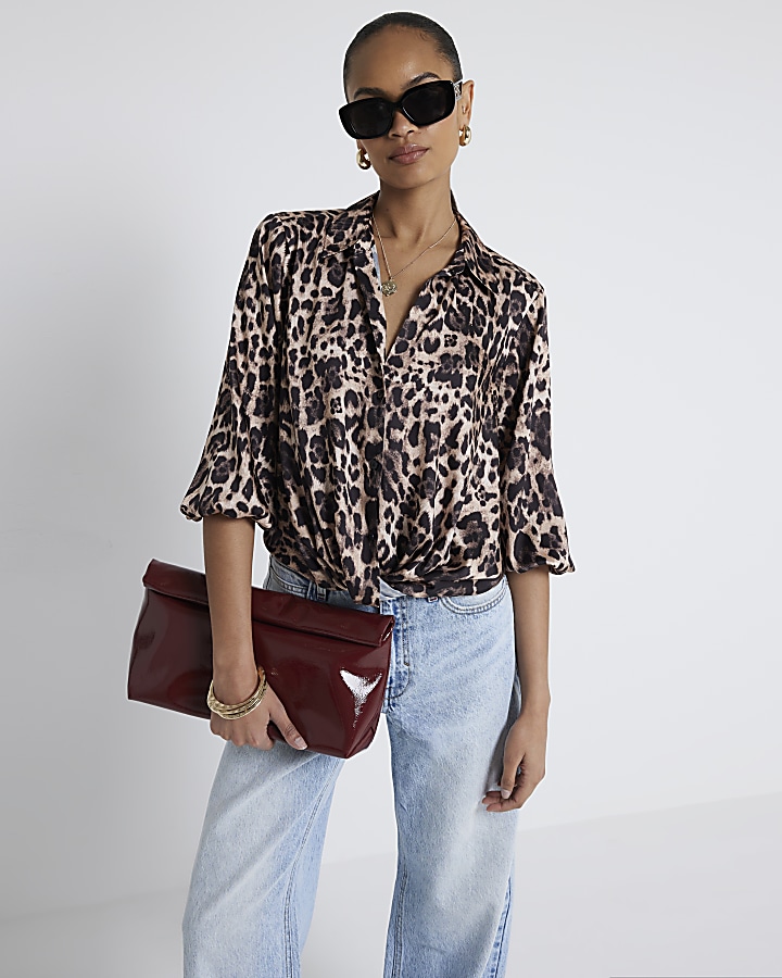Brown leopard print wrap shirt