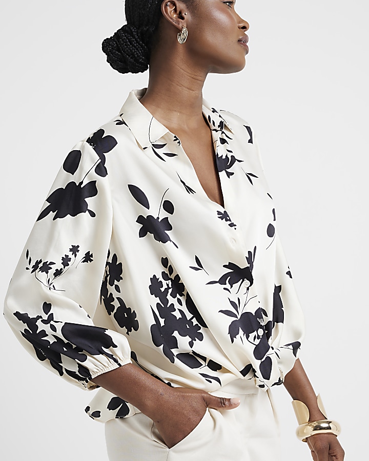 Cream floral print wrap shirt