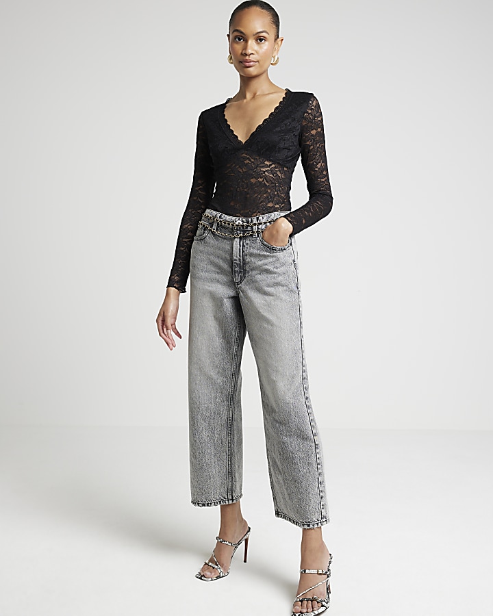 Black plunge lace bodysuit | River Island